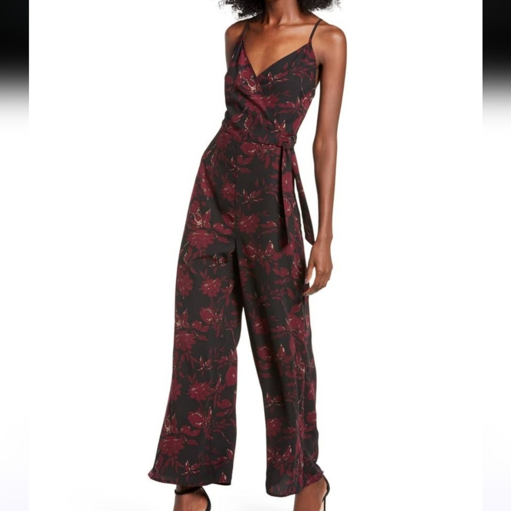 NWT All In Favor Jumpsuit Wide Leg Floral Tank Vneck Tie Large Pant